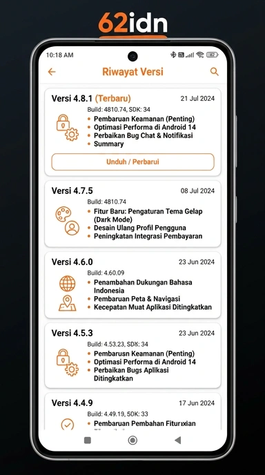 Riwayat Versi Aplikasi 62idn untuk Android